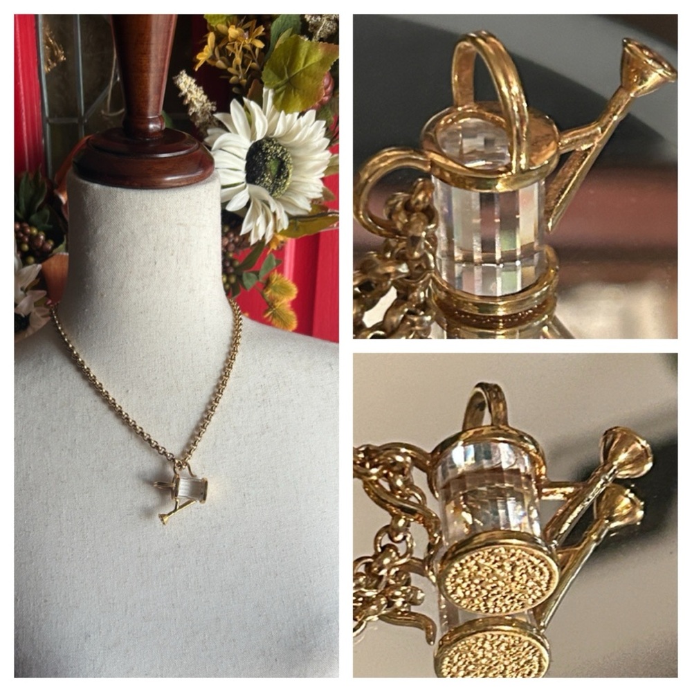 Vintage Gold & Crystal Watering Can Pendant Necklace